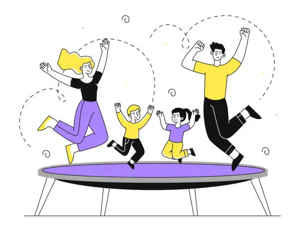 Vector illustration of Family jumping at trampoline vector linear