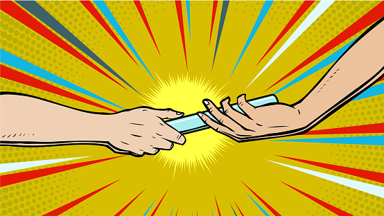 A retro pop art style vector illustration of two hands doing relay baton stick pass. Easy to edit and pick. Wide space available for your copy.