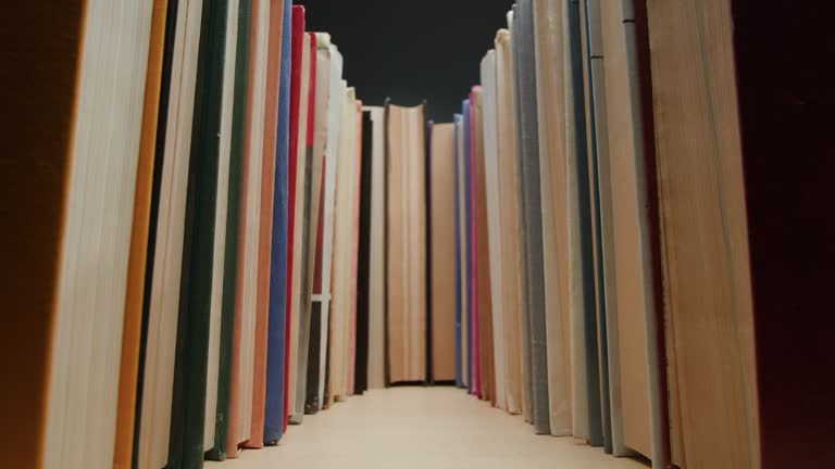 Many old books in a book shop or library, university library rows, close up macro.