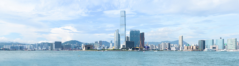 Aerial view of West Kowloon city skyline, Hong Kong. West Kowloon cityscape with skyscrapers and harbour.