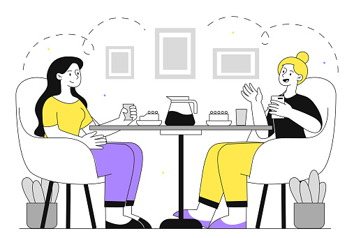 Friends drinking tea indoor linear. Two girls sitting in ccomfortable room with hot drinks. Women chat in comfy apartment. Communication between students. Doodle flat vector illustration