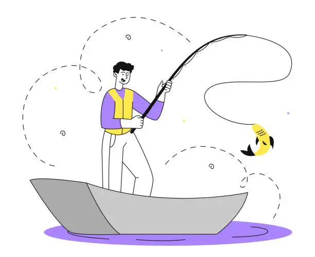 Vector illustration of Fisherman at boat vector linear concept