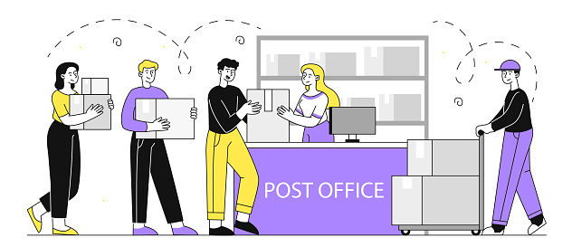 Post office scene linear. Men and women with boxes and parcels in hands. Mailing and postal service. Business and friendly international correspondence. Doodle flat vector illustration