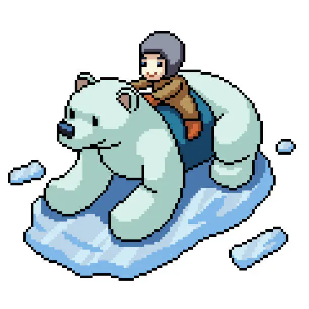 Vector illustration of pixel art boy ride bear