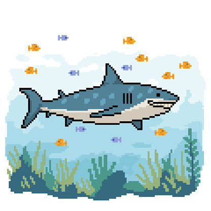 pixel art of shark swim underwater