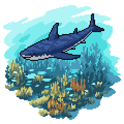 pixel art of shark underwater scene