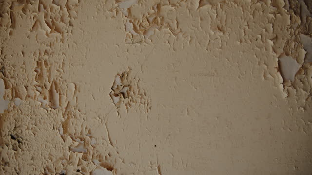 the peeling beige paint on the wall in the abandoned building