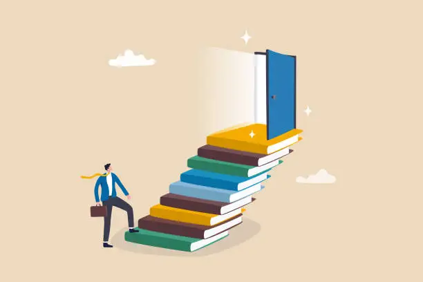 Vector illustration of Education or learning for new opportunity, wisdom or knowledge to open door to success, solution, growth or career learning concept, businessman climb up book stack stair to reach opportunity door.