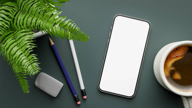 istock Smartphone mockup on desk with coffee cup and pencil,3d rendering 1916285840