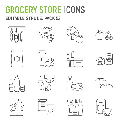 Grocery store line icon set, food collection, vector graphics, logo illustrations, supermarket departments vector icons, food and drinks signs, outline pictograms, editable stroke