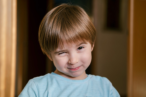Portrait of smiling charming little toddler boy. He is giving a wink.