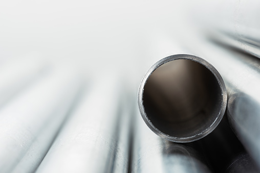 Aluminium pipes used for product of engineering construction, close-up