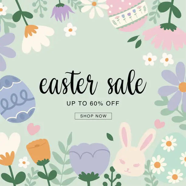 Vector illustration of Easter sale background poster template. Vector abstract background with pastel flowers, rabbit and eggs background. For vouchers, wallpaper, banners, headers, social media, sales, coupon discounts.