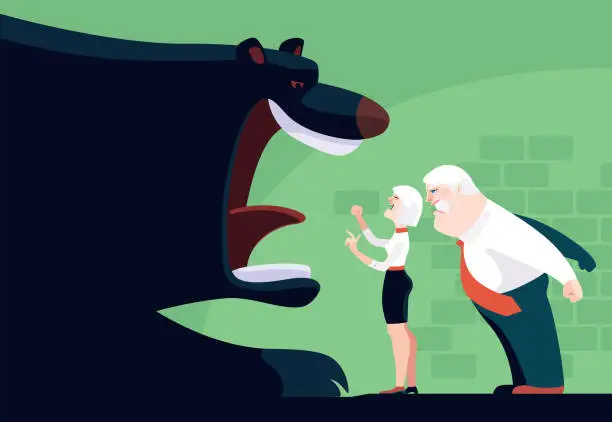 Vector illustration of anger senior couple meeting big bear