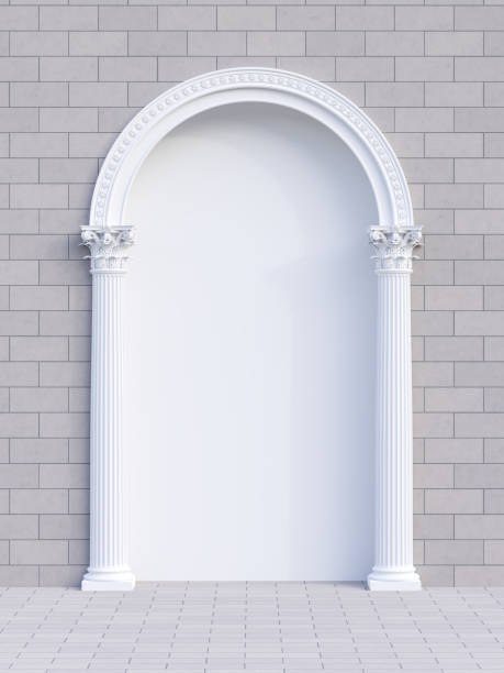 istock Elegant white arch with Corinthian style column decorated in a gray brick wall 3d render 1916391631