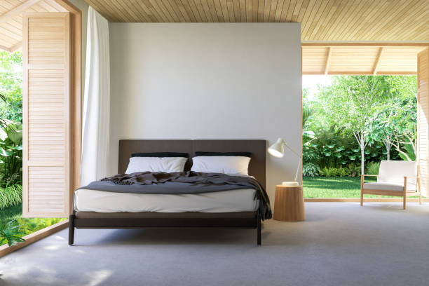 istock Modern contemporary loft style bedroom with tropical garden view 3d render 1916391635