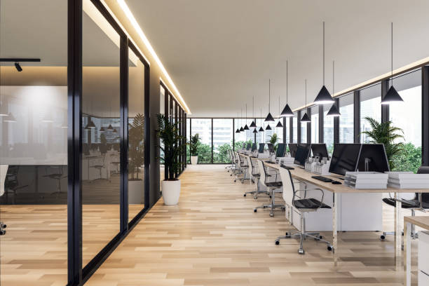 istock Modern contemporary office interior with city view 3d render 1916391640