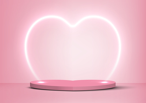 Stage podium decoration with heart neon light on soft pink background. Empty platform for product Valentine day. Vector illustration.