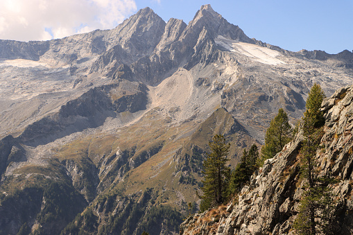 Dolomite mountains in the Hintertuxer Valley (northern part), Tirol, Austria. The photo was taken from the Grübelspitze (mountain top). Looking in the direction of Torspitze and Kalkwand