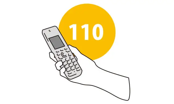 Vector illustration of Hand to call the emergency phone 110 in Japan