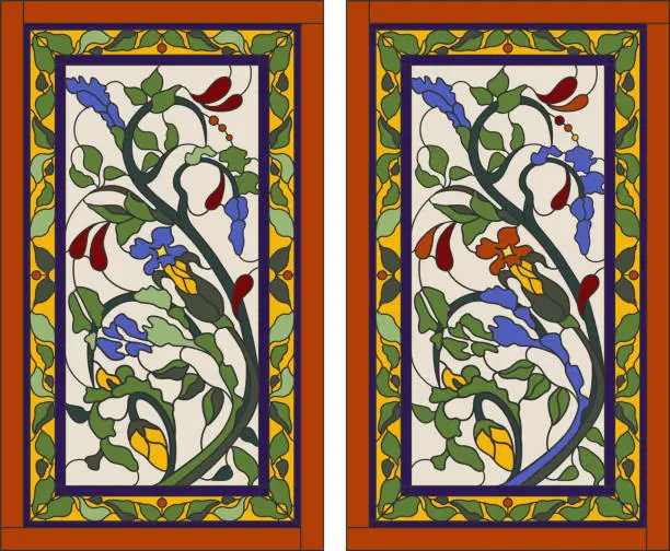 Vector illustration of Stained-glass panel in a rectangular frame. Classic window, abstract floral arrangement of buds and leaves in the art Nouveau style. Vector