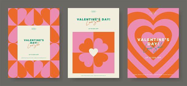 Romantic abstract geometric background set. Heart shape retro scandinavian modern style card. Simple graphic love pattern flyer. Valentine's day event banner template. Trendy vector illustration.