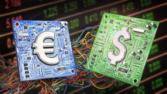 E-money convert. Electronic print boards with chips in forms of money signs. 3d illustration
