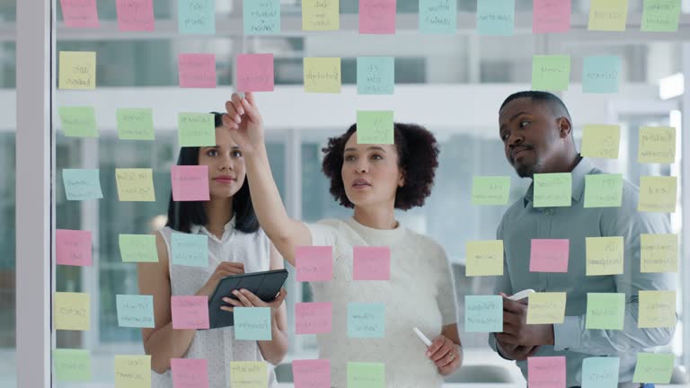 Business people, teamwork and sticky notes on glass board for data analytics, planning ideas and marketing. Creative team, women and men with digital tablet, brainstorming and scrum or agile solution