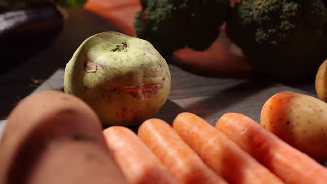 Close-up footage of fresh organic vegetables on table ready for cooking