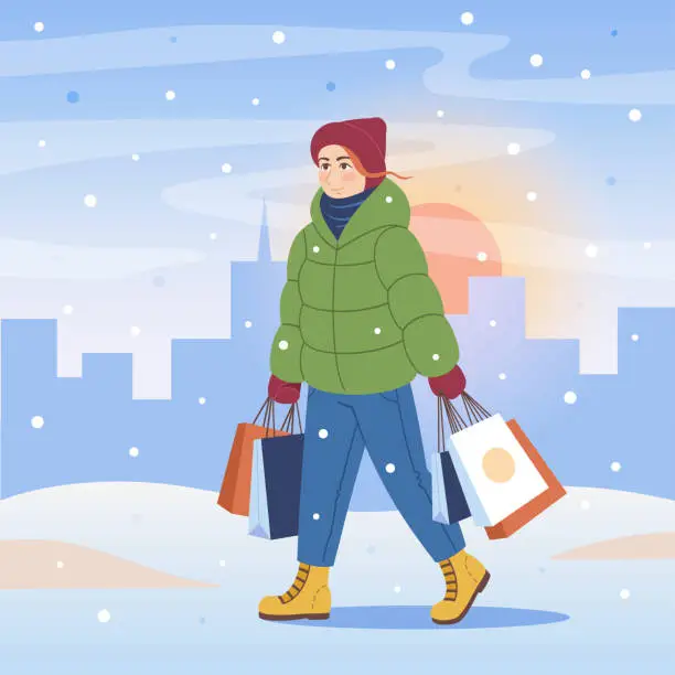 Vector illustration of Woman in winter clothes going with bags in her hands on winter city background. Flat design. Vector illustration