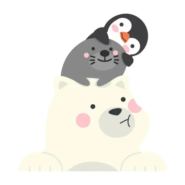 Vector illustration of Stack of Polar bear with sea lion and penguin