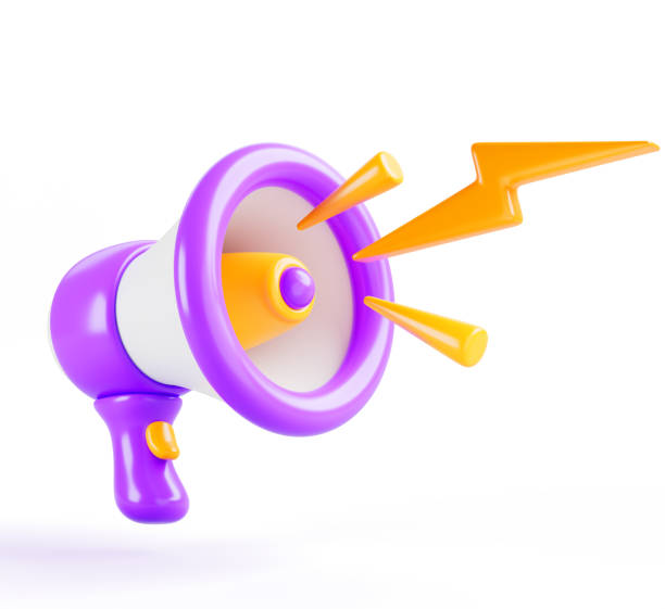 istock Loudspeaker bullhorn, megaphone speaker with loud sound and lightnings 3d render icon. Isolated graphic element for announce, warning messages, alert, news, marketing, public speech 1916540867
