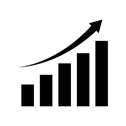 Single black arrow growing pointing up on chart graph bars icon. Vector illustration. EPS 10. Stock image.