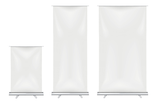 Blank vertical roll-up banner stand vector mock-up kit. Pull-up roller retractable standee mockup. White pop-up advertising display. Business exhibition set template