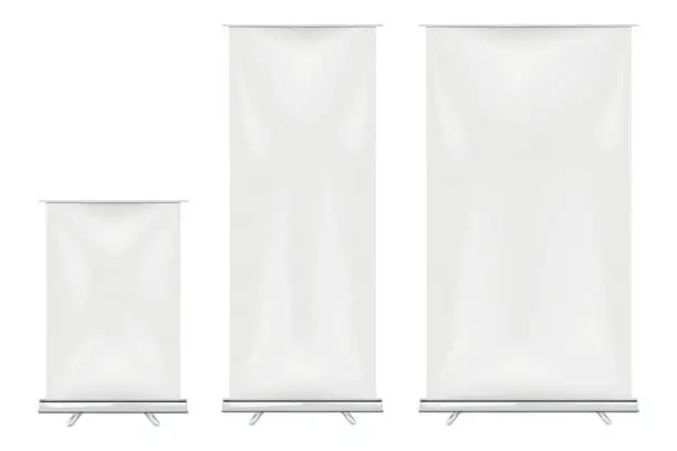 Vector illustration of Blank vertical roll-up banner stand vector mock-up kit. Pull-up roller retractable standee mockup. White pop-up advertising display. Business exhibition set template