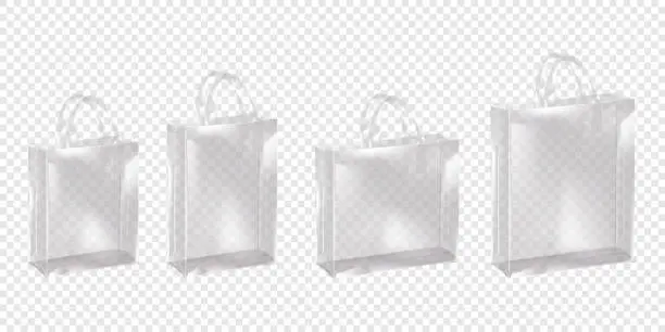 Vector illustration of Standing clear plastic reusable shopping bag with handles. Vector mockup set. Transparent PVC tote bag shopper mock-up