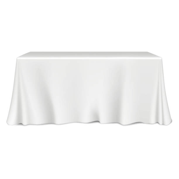 bildbanksillustrationer, clip art samt tecknat material och ikoner med table covered with white blank tablecloth realistic vector mock-up. mockup template for design - bord-symbols
