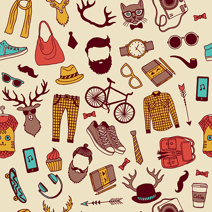 Hipster pattern. Beard sneakers mustache gadgets. Vector seamless background of seamless gentleman wallpaper pattern, illustration of design