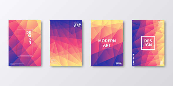 Set of four vertical brochure templates with modern and trendy abstract geometric backgrounds, isolated on blank background. Polygonal mosaics with beautiful color gradient (colors used: Yellow, Beige, Orange, Red, Pink, Purple, Blue). Can be used for different designs, such as brochure, cover design, magazine, business annual report, flyer, leaflet, presentations... Template for your own design, with space for your text. The layers are named to facilitate your customization. Vector Illustration (EPS file, well layered and grouped). Easy to edit, manipulate, resize or colorize. Vector and Jpeg file of different sizes.
