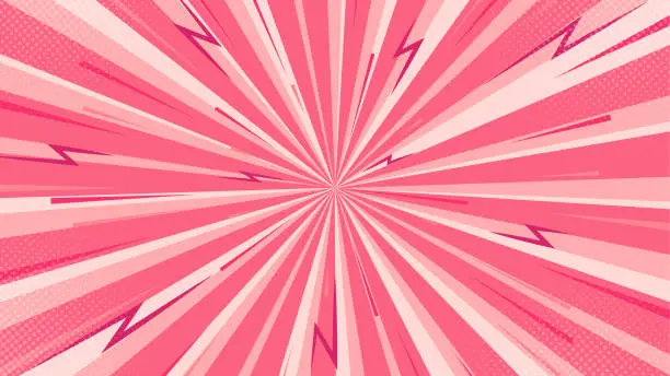 Vector illustration of Pink pop art retro background with rays, halftone and motion trails. Vintage pink comic style wallpaper. Sunburst background.