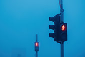 Red light on pedestrian traffic light signalization in foggy winter morning