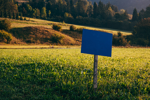Blue information wooden sign board mockup in scenic alpine meadow in morning, selective focus
