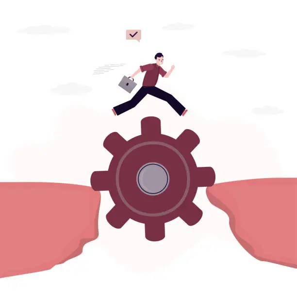 Vector illustration of Businessman jump over cliff using giant gear. Analyze problem to find business solution to solve problem, experience and skills to achieve success,
