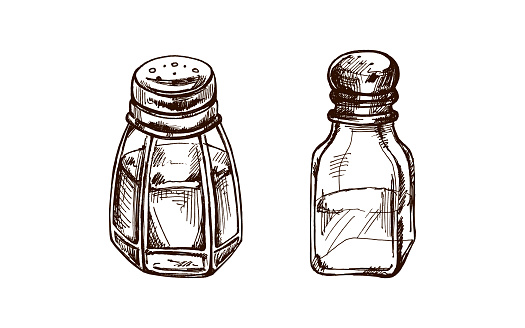 Hand-drawn sketches of glass salt shakers with metal lid. Vintage drawing of salt shakers. Vector black ink food sketch illustration. Food. Illustration for the menu.