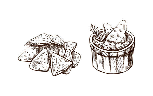 ilustrações, clipart, desenhos animados e ícones de esboços desenhados à mão de tigela com guacamole, nachos e folhas de salsa com um punhado de nachos. desenho vintage. ilustração do esboço do alimento do vetor. ilustração para menu. américa latina. - guacamole bowl mexican culture drawing