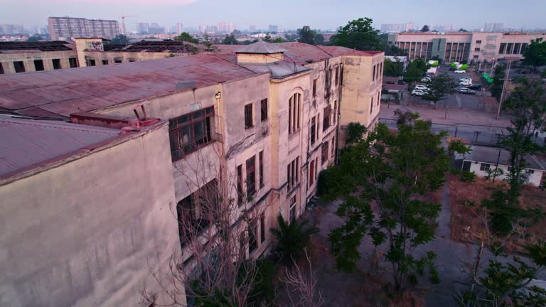 Maternity Barros Luco Hospital Abandoned Ruined Building Aerial Drone Panorama in Santiago, Chile at Sunset Dusk