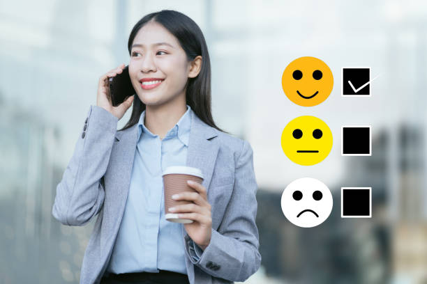 istock Happy Client customer experience concept. Woman recording phone inquiry with checkboxes, smiling face rating excellent for satisfaction survey. 1916661289