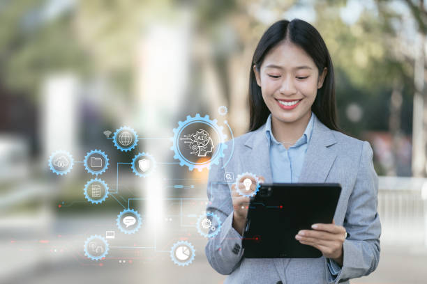 istock Digital transformation technology strategy, Person using laptop, tablet and smartphone with of things. transformation of ideas and the adoption. 1916661291