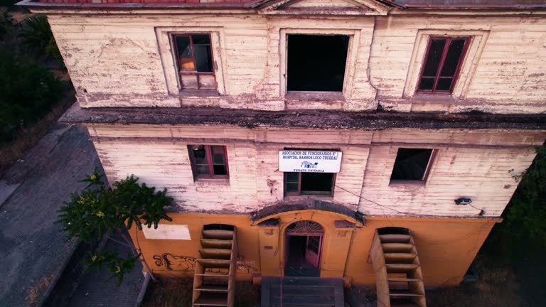 Abandoned Medical Building of European Heritage Aerial Drone Establishing Shot, Ex Hospital Old Clinic