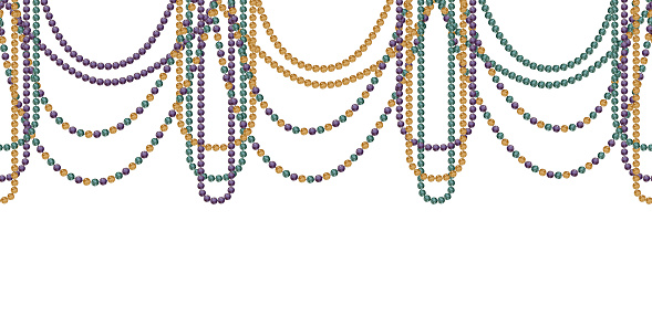 Hand drawn watercolor Mardi Gras carnival symbols. Garland festoon glass bead jewel pearl strings, gold purple green. Seamless banner isolated on white background. Design print, party invitation, shop
